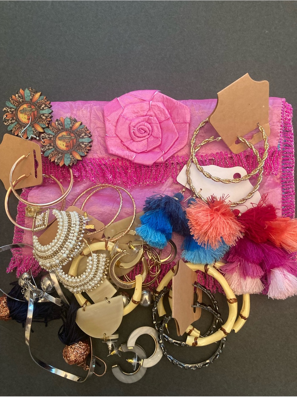 Boho Earrings Bundle of Assorted Pieces. Beaded Satin Bag Included. 17 Pcs Total